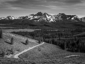 Black and white landscape photograph of a winding dirt road leading toward Idaho’s Sawtooth Mountains. Snow-dusted peaks rise behind dense pine forests and open hills under a softly clouded sky.