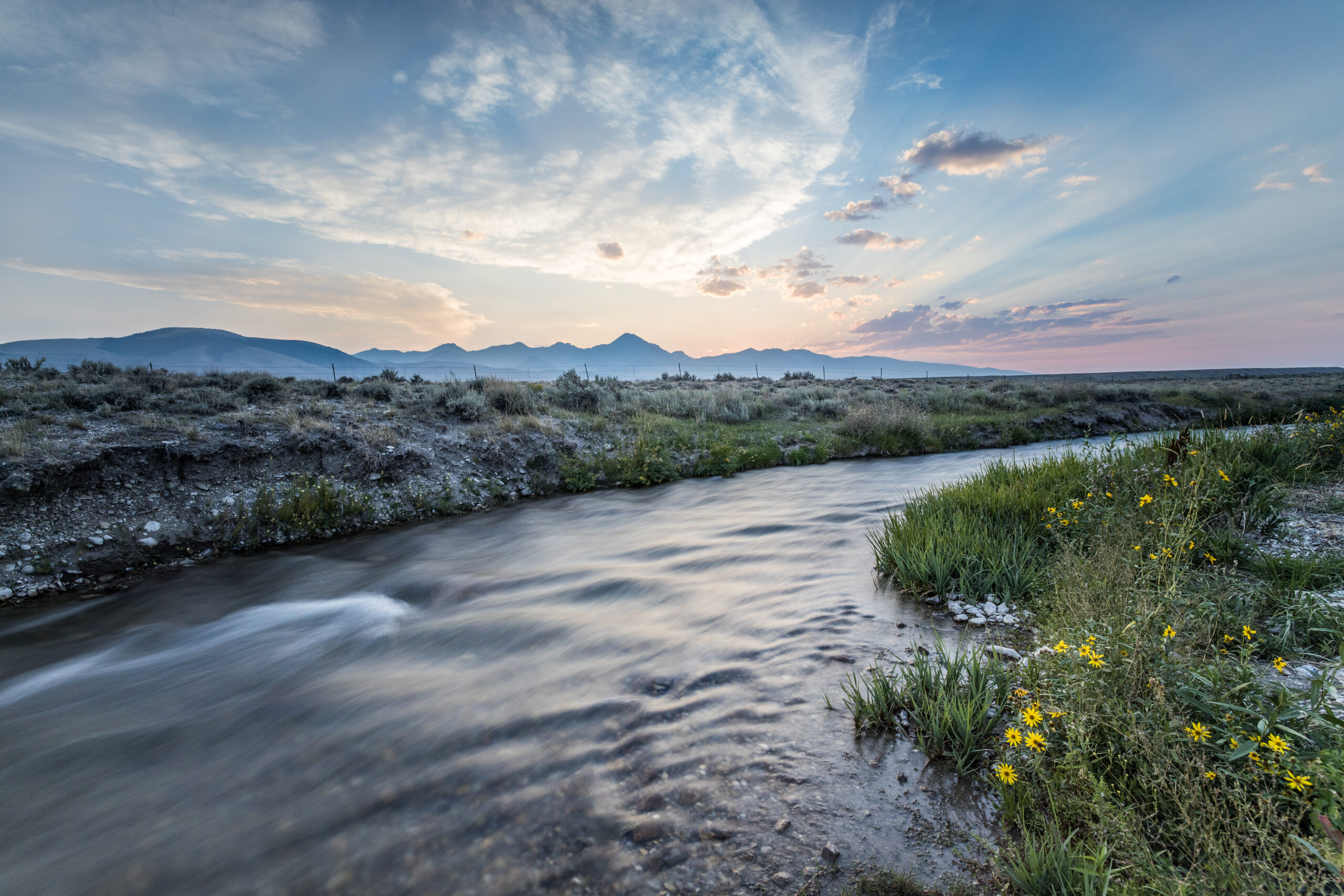 A peaceful mountain stream flows through a grassy landscape at sunset, with soft ripples in the water and yellow wildflowers blooming along the bank. Distant mountain peaks are silhouetted against a colorful sky streaked with clouds and fading light.